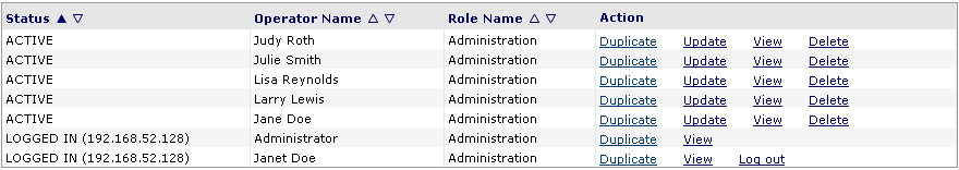 Table of search results with Status, Operator Name, Role Name and Action columns